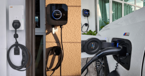  EV charging infrastructure featuring different smart wallbox chargers for home use.